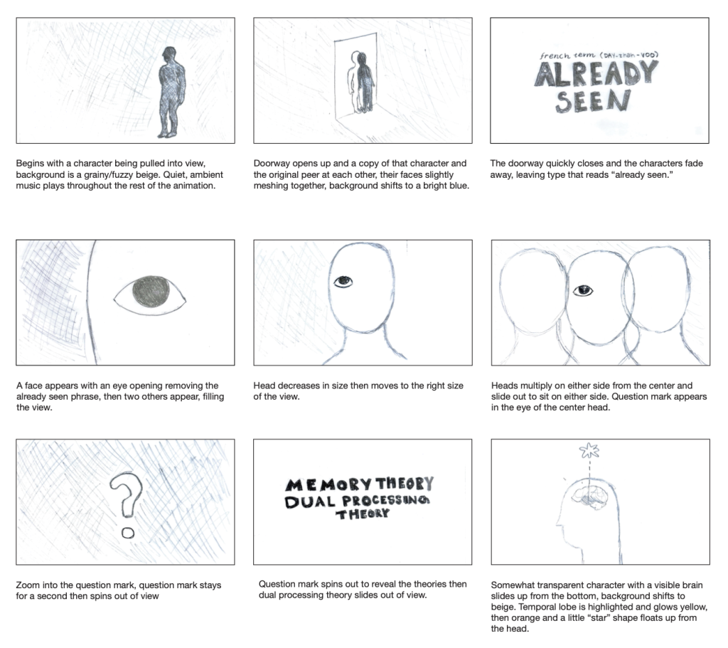 Storyboard with nine panels illustrating an animation sequence about déjà vu, with sketches and text descriptions below each panel